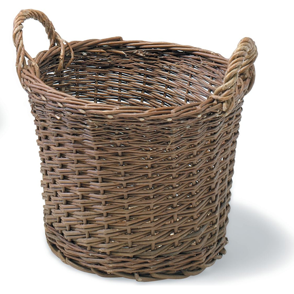 LÖVKORG I PIL 45L NATUR NYBY, rund flätad korg med två sidohandtag mot vit bakgrund.