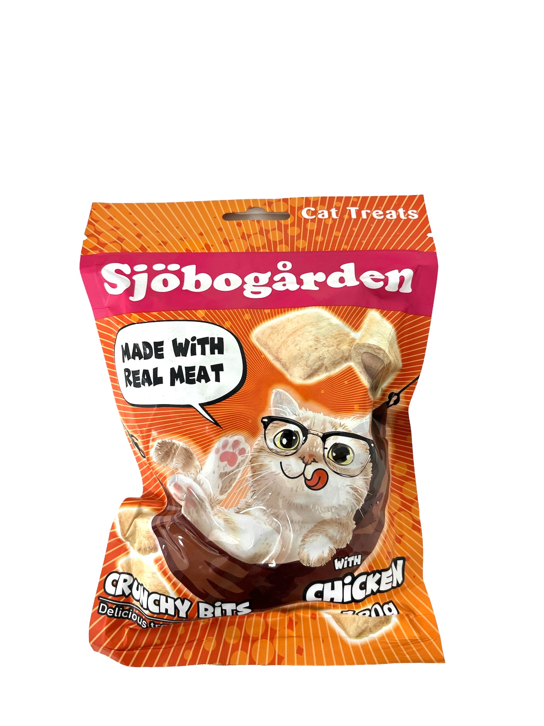 Orange påse med Crunchy Bits with Chicken 180g visar en tecknad katt och kyckling, märkt Real Meat.