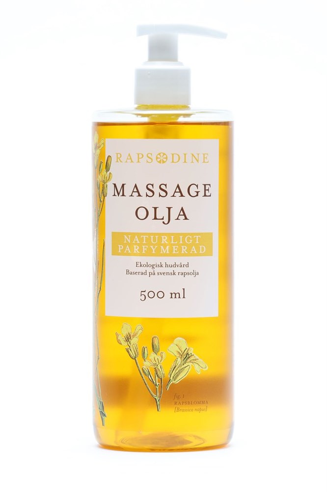 En 500 ml flaska Massageolja med pump innehåller gul vätska.