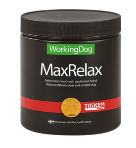 Svart behållare märkt WorkingDog MaxRelax för att lugna nervösa eller upphetsade hundar.
