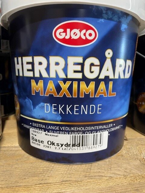 En Maximal base oxidröd 2,7L hink märkt Dekkende och Base Oksyd.