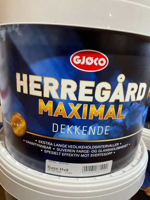 Maximal bas hvit 9LITER färghink med blå och guldmärkning.