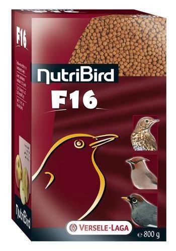 NUTRIBIRD F16 800 GR i en röd ask med fågelbilder på framsidan, 800g.