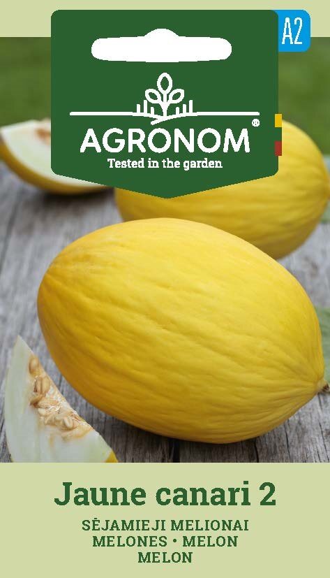 Melon, Jaune Canari 2 på ett bord med märkt fröpåse ovanför dem.