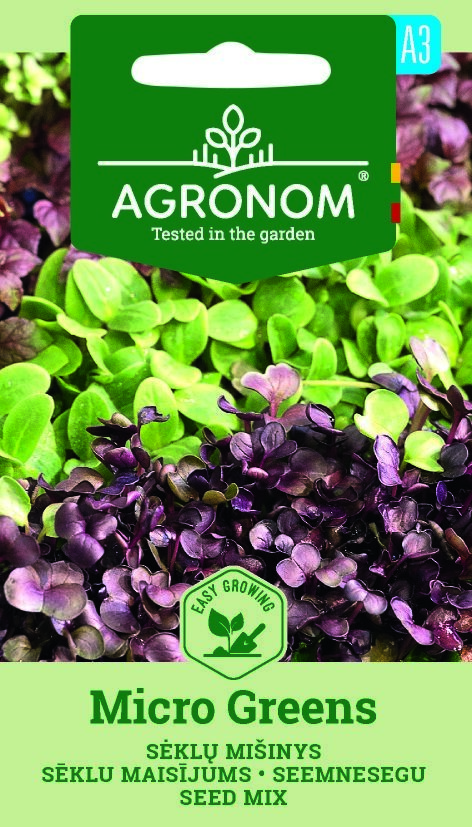 Mix Micro Greens-paket med livfulla gröna och lila bladgroddar som visas på framsidan.