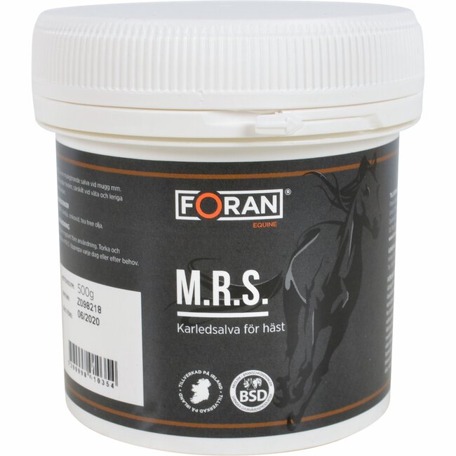 En svart tub märkt M.R.S 500g (Mud Rash Salve) med en bild av en häst.