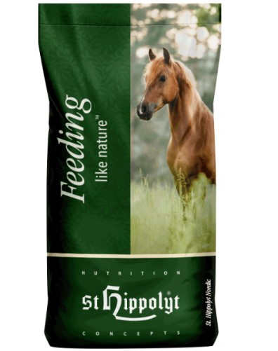 Grön påse med St.Hippolyt Muscle Rice 25 kg med en brun häst och texten "Feeding like nature".