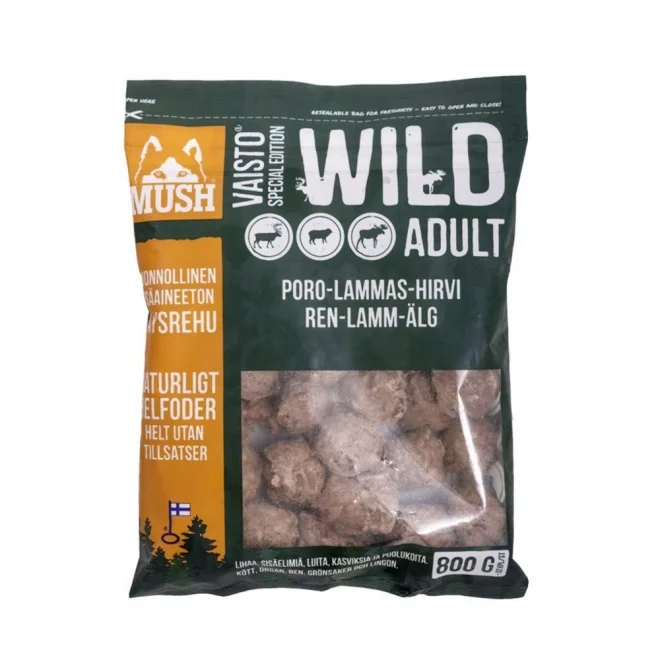 Mush Wild 800gr älg, lamm & ren rå hundmat med djurbilder på förpackningen.
