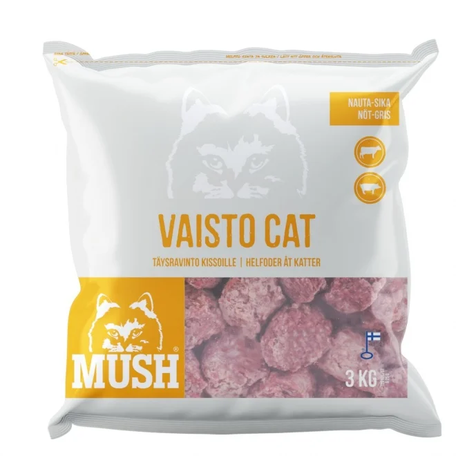 Mush Vaisto Cat Vit 3Kg fryst kattmat, smak av nötkött och fläsk.