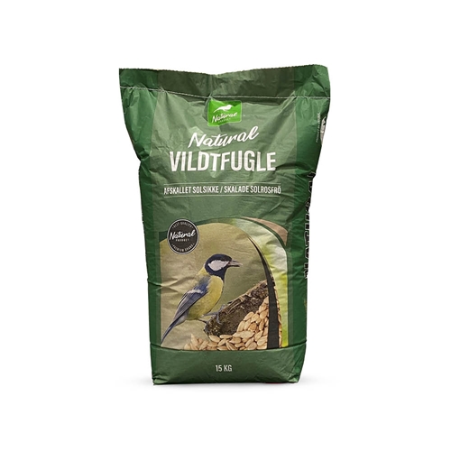 Grön påse med fågelfrön med en bild av en fågel och solrosfrön på framsidan.