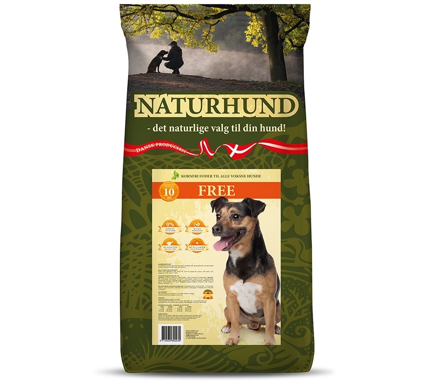 Naturhunden fullfoder Free 10kg, med foto av en glad hund och gröngul förpackning.