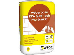 Väska med weberbase 224 puts- och murbruk c med gul/vit förpackning och svensk text.