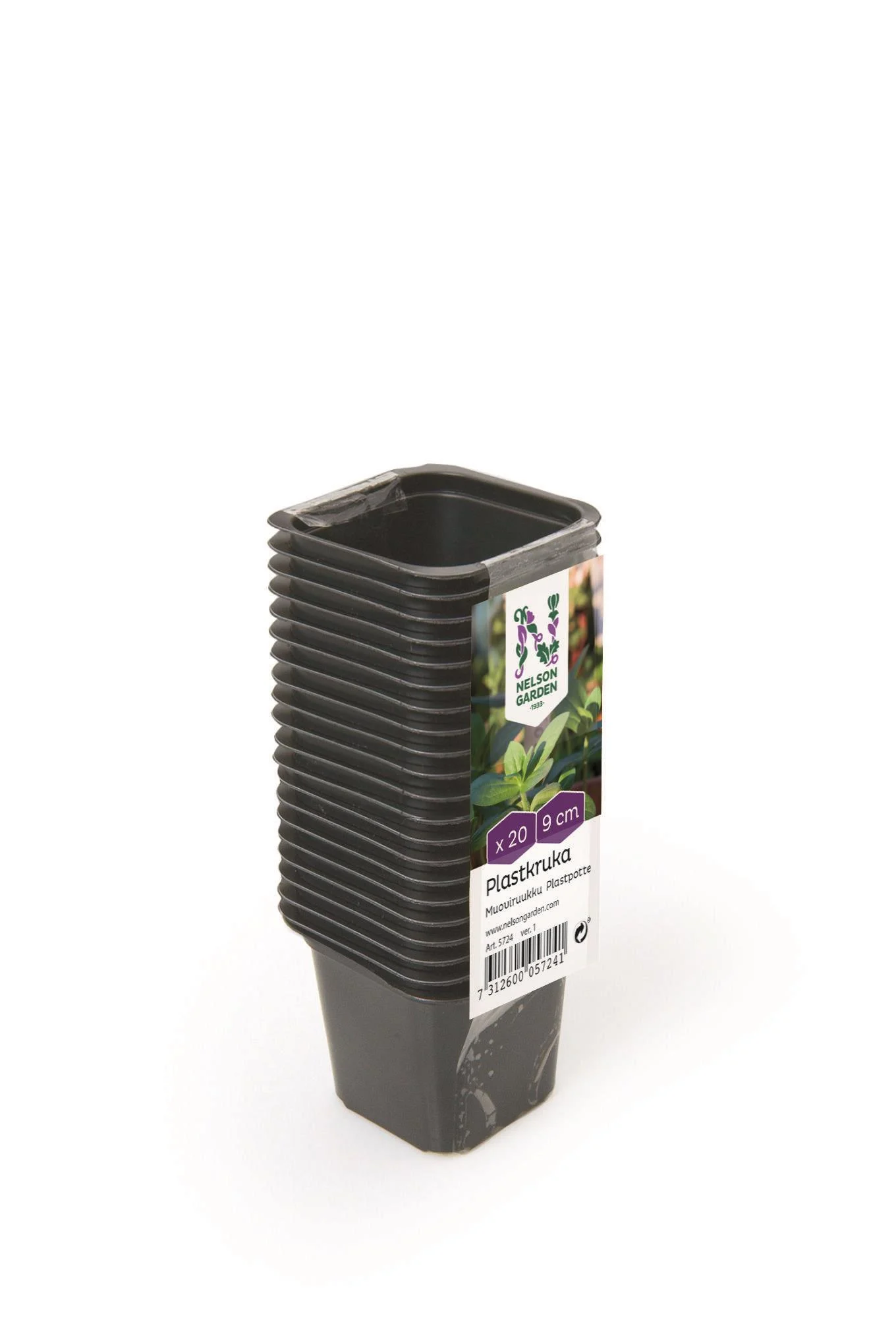 20-pack Plastkruka svart 9cm, små svarta plastkrukor med etikett på framsidan.