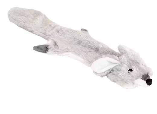 Ninis: Grå platt hundleksak i plysch formad som en varg eller räv, med vita öron och svart nos.