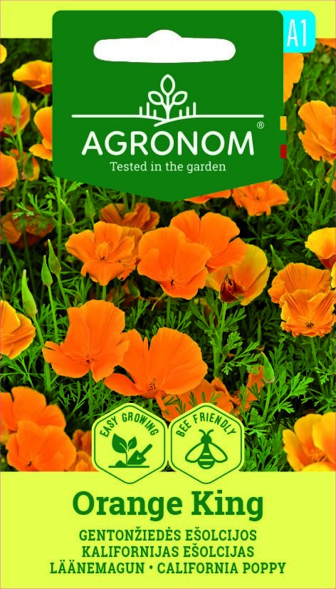 Förpackning av California poppy, Orange King-frön med ljusorange blommor på framsidan.