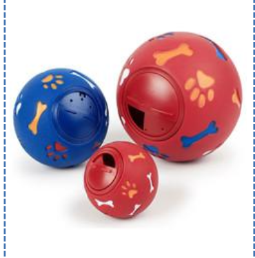 Aktivitetsboll hund: Färgglada blå och röda godisbollar med ben- och tassavtryck.