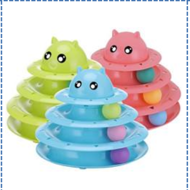 3-våningar bolltorn för katt med rullande bollar och tecknade ansikten i grönt, blått, rosa.