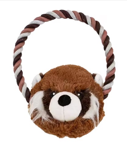 Pandansson hundleksak i plysch med brunt ansikte och handtag av tvinnat rep.