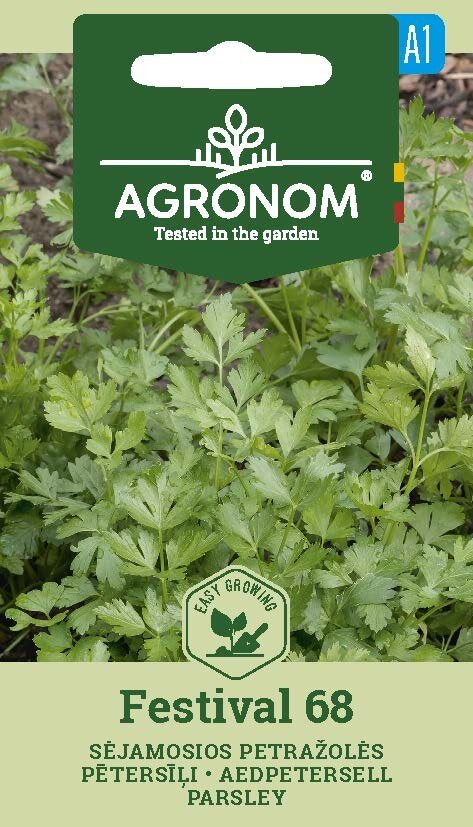 En förpackning med Parsley Curled, Festival 68 frön med gröna persiljeblad.