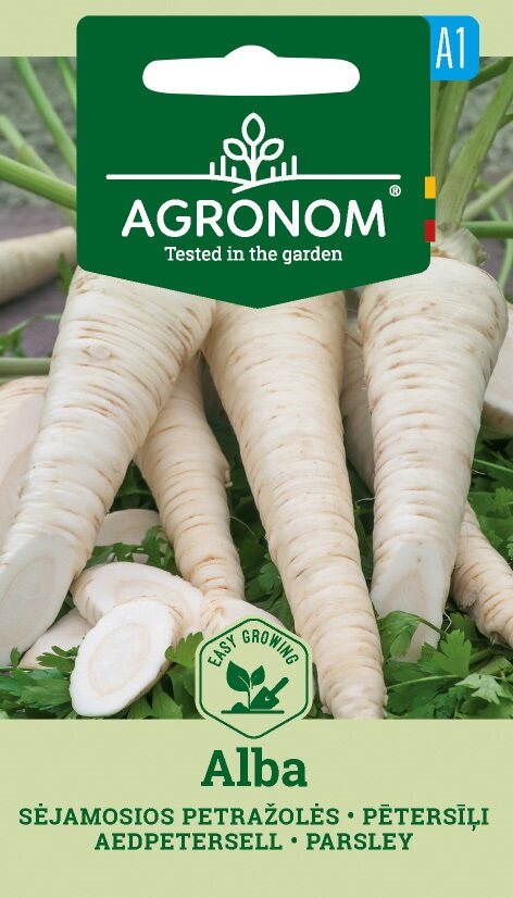 Persiljerot, Alba med gröna blad och flerspråkig text på fröförpackningen.