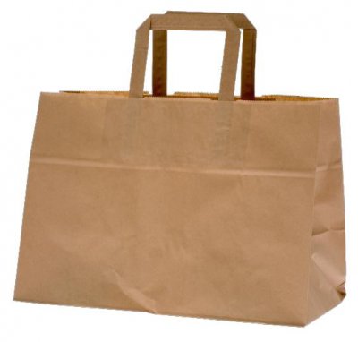 Påse - take away-varukorg i papper med handtag, upprättstående mot vit bakgrund.