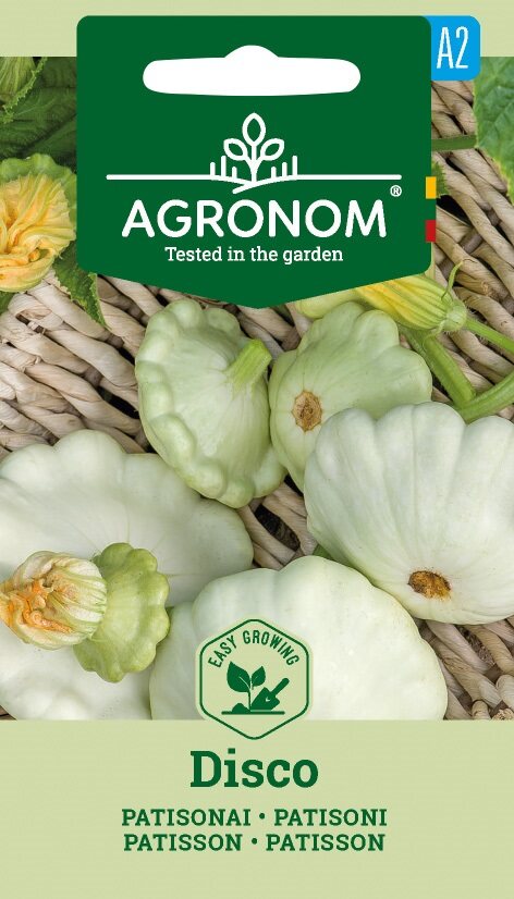 Patisson, Disco squash på korg med grön etikett på Agronom-fröpaket ovanför.