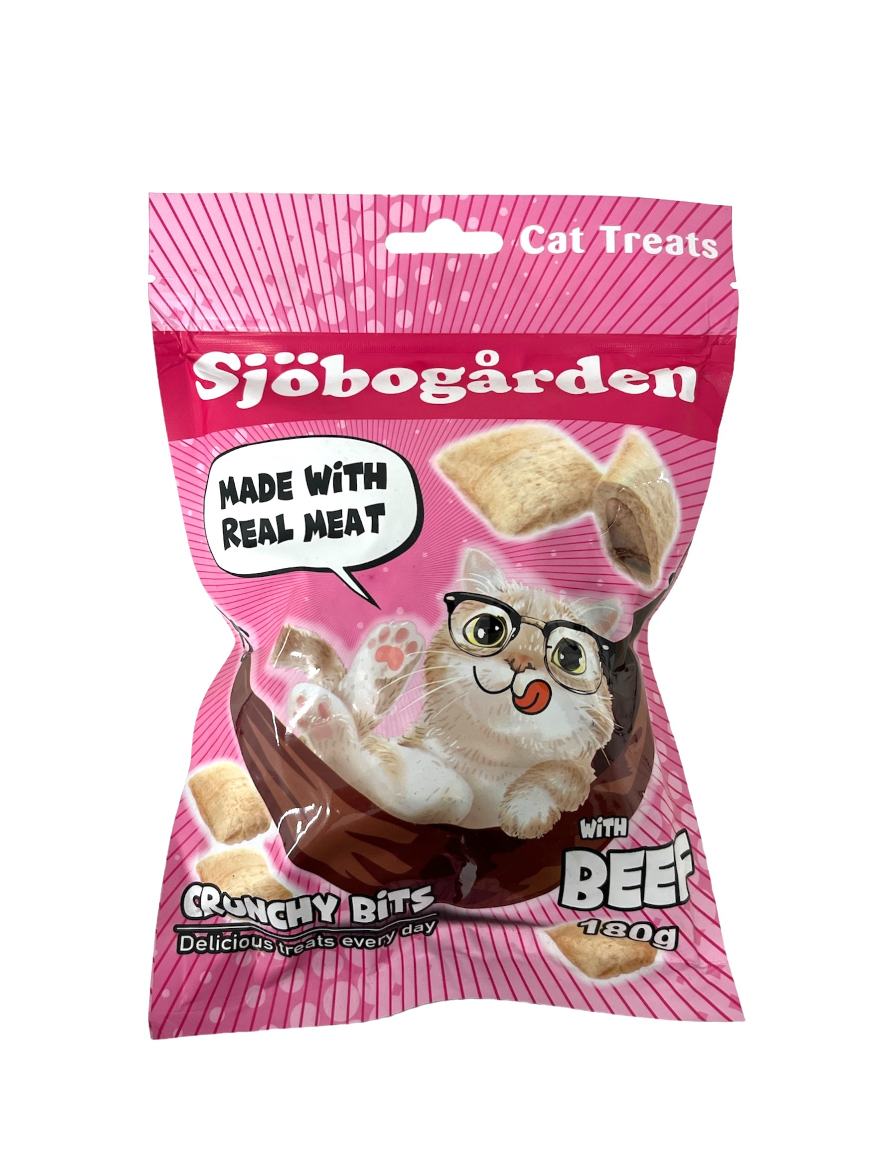 Rosa påse med Crunchy Bits med nötkött 180 g, med en kattillustration och crunchy bits på bilden.
