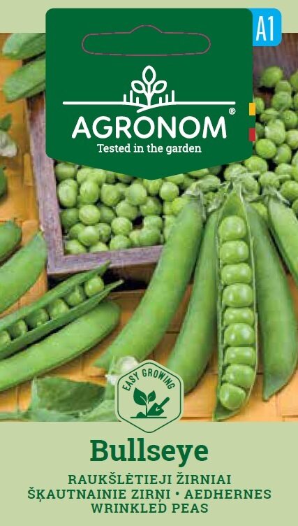 Peas Wrinkled, Bullseye fröförpackning visar ärtskidor, lösa ärtor och en låda.