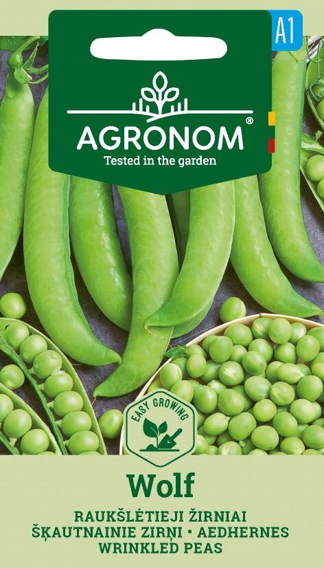 Paket med ärtor skrynkliga, vargfrön med bilder av färska ärtskidor och ärtor.