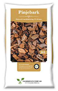 Påse med Pinjebark 50 l med etikett och bild av tallbarken.