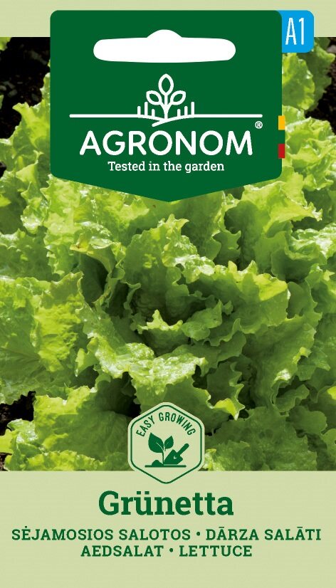 Förpackning av Plocksallad, Grunetta frön med livfulla gröna salladsblad.