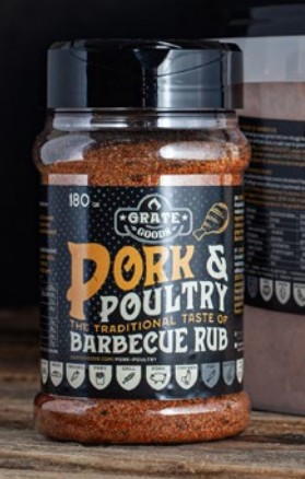 En burk Pork & Poultry Barbecue Rub 180g på en träyta.