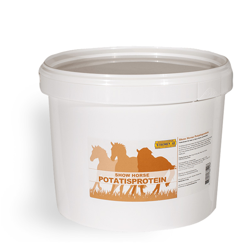 Vit hink märkt Wiromin Potatisprotein 4 kg med hästsilhuetter på etiketten.