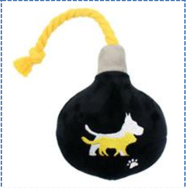 Woof The Bomb 14CM: svart och gul hundleksak med rephandtag och hundgrafik.