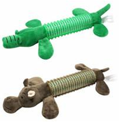 Två Spiky Tube plyschleksaker 33CM, en grön krokodil och en brun hund, med ribbade mittdelar.