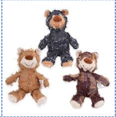 Tre nallebjörnar (Squeaker) 28CM i färgerna brun, mörkbrun och blå sitter tillsammans.