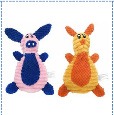 Två mjukisdjur (Crinkle+Squeaker) i rosa/blått och orange/gult, sida vid sida.