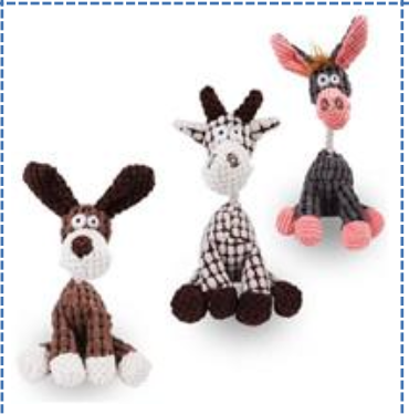 Tre Chew Plush djurleksaker med rephals 28 cm - hund, giraff och åsna - på vit bakgrund.