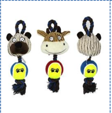 Tennis Ball Zoo Rope+Squeaker 28CM hundleksaker med rephandtag och tennisbollscenter, fram och bak.