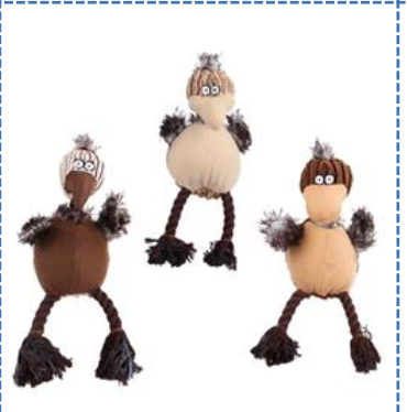 Three fåglar med rep (Squeaker) 18CM plyschleksaker med rund kropp och långa flätade ben.