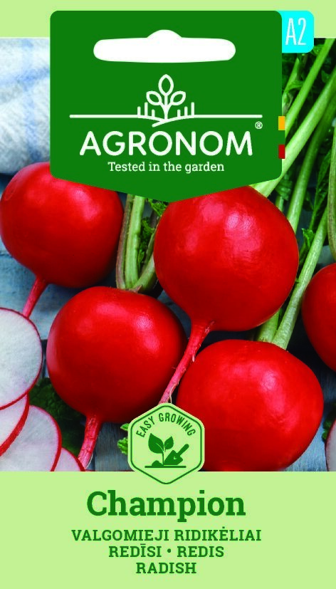 Champion Radish-frön med gröna toppröda rädisor som visas på paketet Radish, Champion.