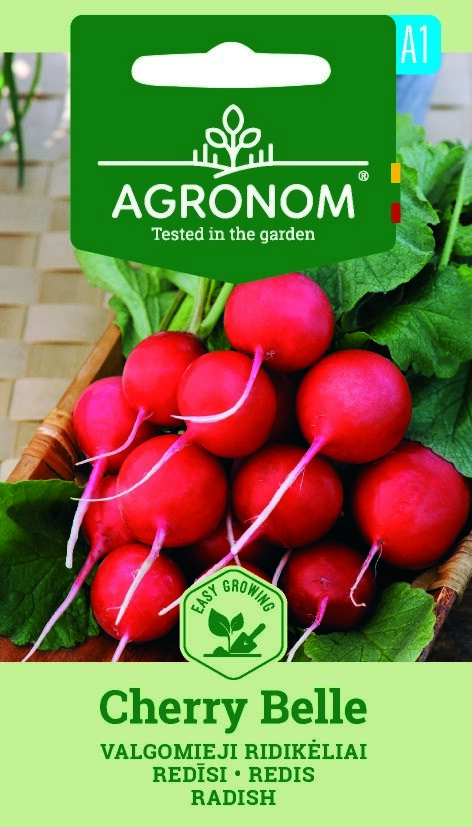 Ett knippe rädisor, Cherry Belle med gröna blad på en träyta.