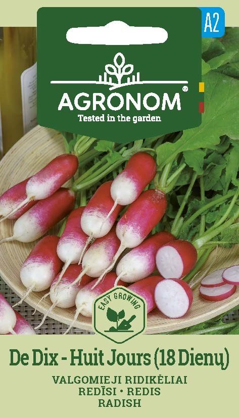 De Dix - Huit Jours rädisor med gröna blad på en tallrik, etikett på fröförpackning synlig.