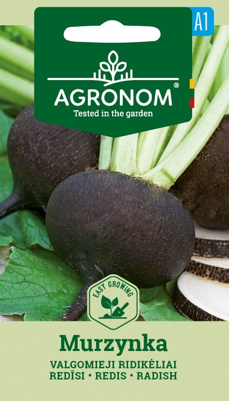 Fröförpackning märkt Radish, Murzynka med svarta rädisor med gröna toppar.