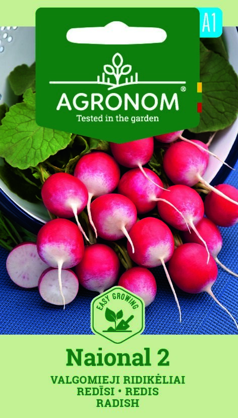 En skål med färska rädisor, National 2 med gröna blad, presenterade på ett fröpaket.