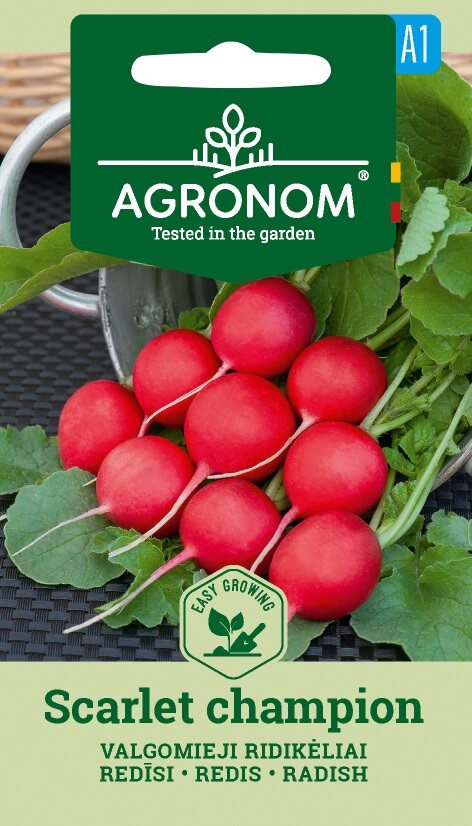 Fröpaketet med texten "Radish, Scarlet Champion" innehåller fräscha röda rädisor med gröna blad.