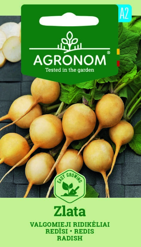 Fröpaketet med texten "Radish, Zlata" visar gula rädisor med gröna blad.