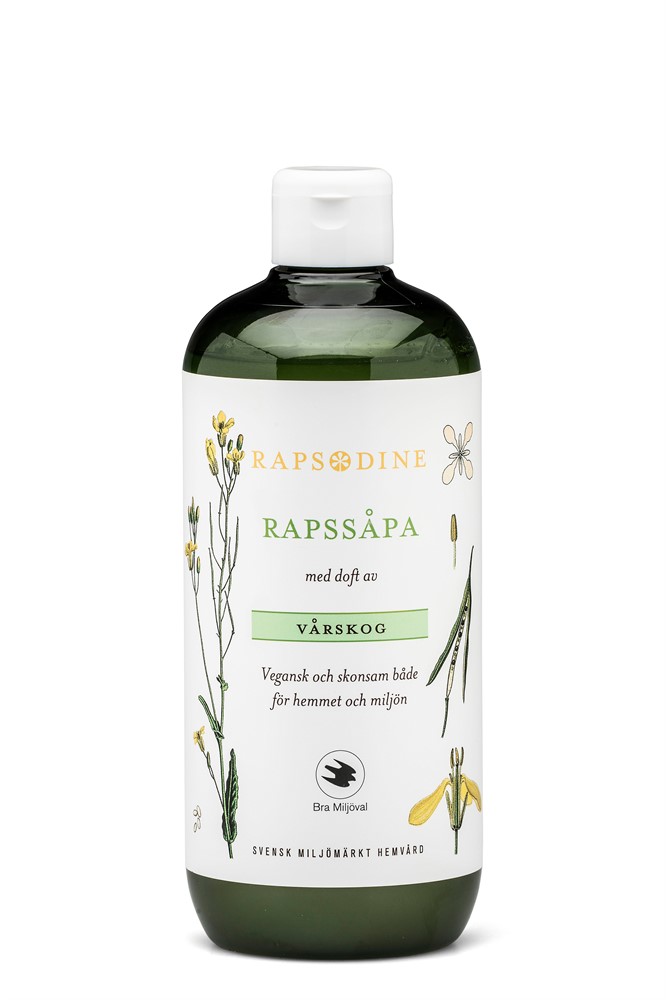 En 750 ml flaska Rapssåpa med blomsterillustrationer på etiketten.