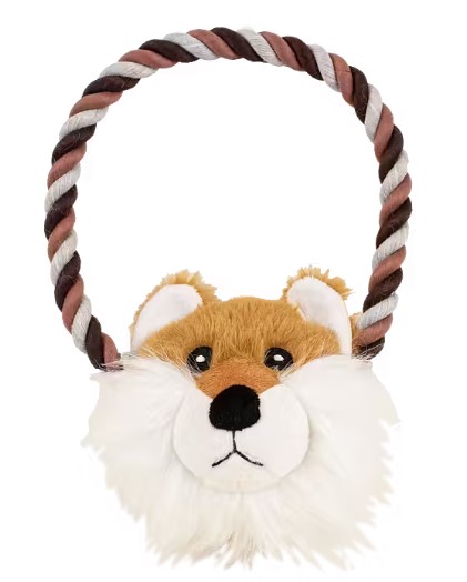 Rävensson plysch rävansikte med rephandtag, perfekt som husdjursleksak.