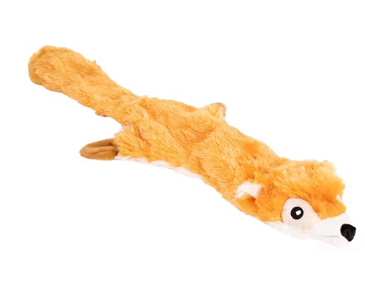 Rävis: Hundleksak i plysch av orange räv med floppig kropp och vitt ansikte.